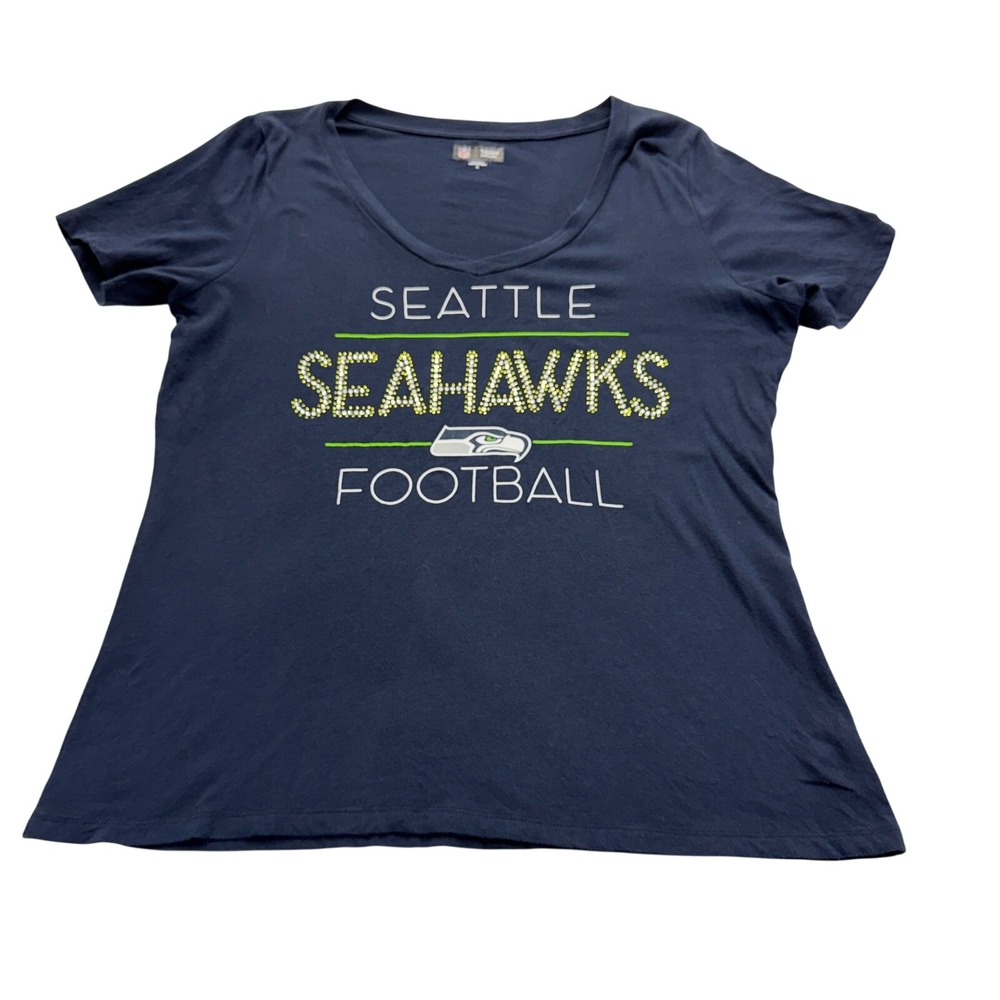 NFL Team Apparel Seahawks Rhinestone V Neck T Shirt Women XL Navy